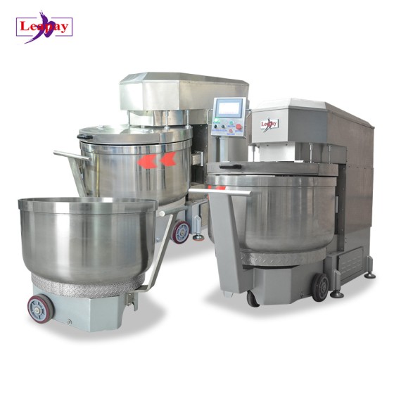 100kg and 125kg dough mixers for bread factories. Dough mixers with detachable and transferable mixing drums. Manufacturer of mixers.