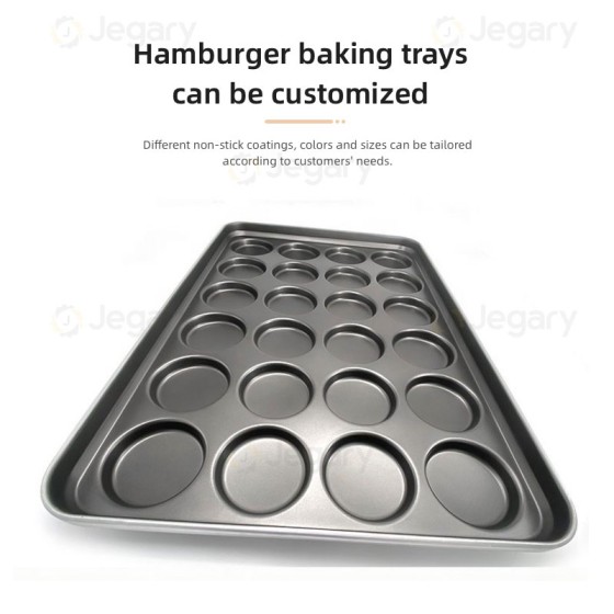 High - quality 24 - inch round baking pan with 24 aluminized steel hamburger bun trays. The pan has a non - stick coating and is durable.